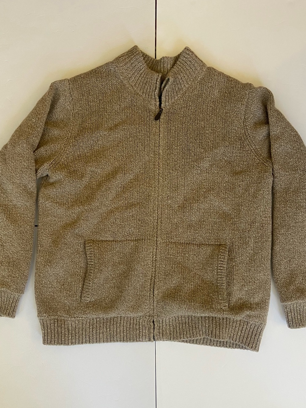 LL Bean Tan Lambswool Knit Sweater Zip Up Cardigan - Men’s XL - Flannel Lining